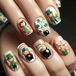 🍀 24 Pcs St. Patrick’s Day Press on Nail Set Square Medium Length Fake Nails w Leprechauns, Clovers