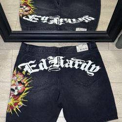 Y2K 2000s Ed Hardy Exploding Skull Jean Shorts Jorts