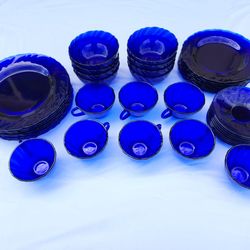 Duralex Vereco France Dish Set Cobalt Blue Rivage Swirl Pattern 40 PC