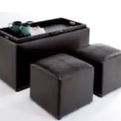 Black Leather Storage Bench w/ Stools