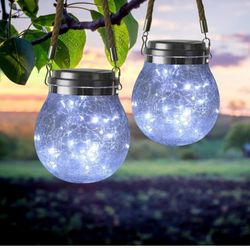 Solar Lantern Outdoor, 2-Pack 30 LED Outdoor Lanterns with Handle, Waterproof Hanging Solar Lights Party Decor, Solar Glass Lights Outdoor for Patio, 