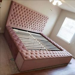 Bliss Square Pink Velvet King Storage Platform Bed