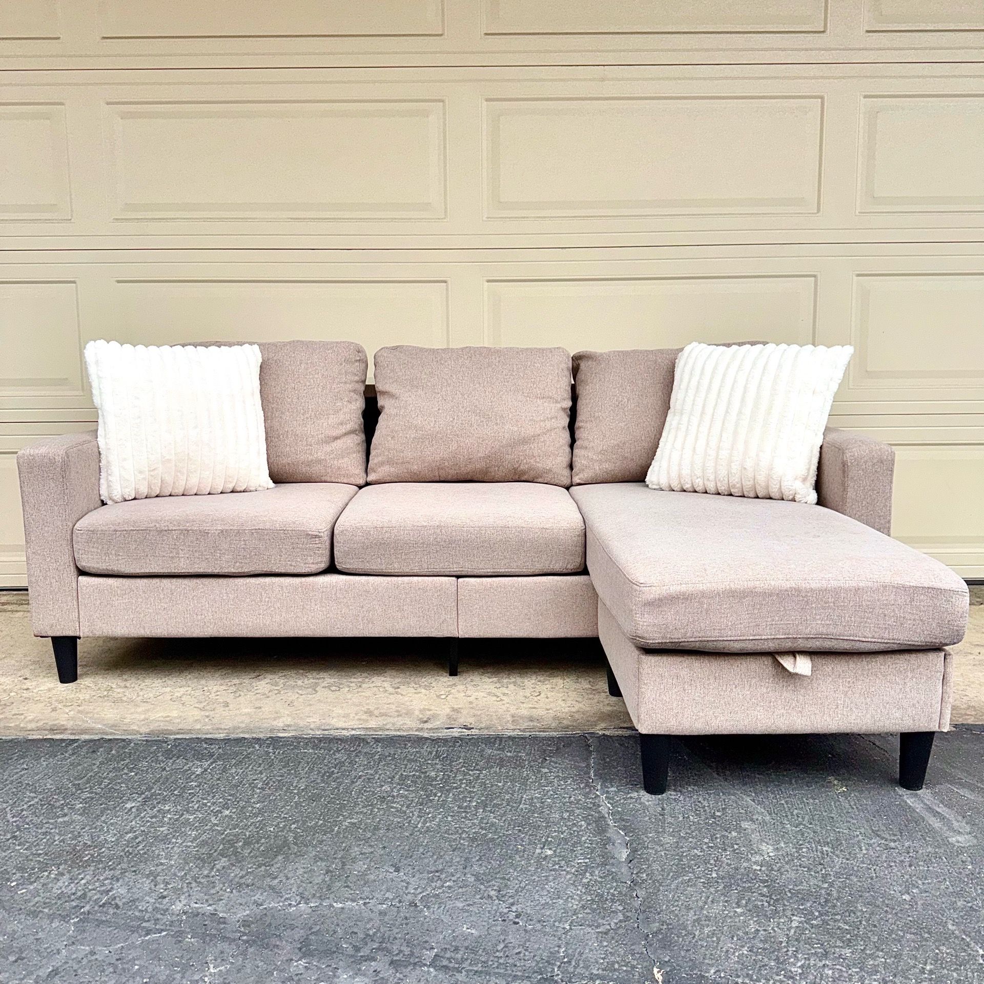 Small Tan Reversible Sectional Couch Sofa With USB Charging Port