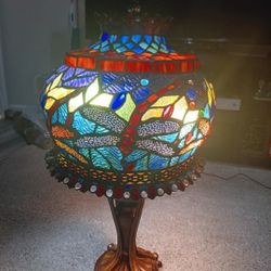 Old Vintage Red Dragon fly Tiffany Repoduction Lamp 24inchs Tall  Heavy Big Large Dome 2 Lights Rosewood Base 