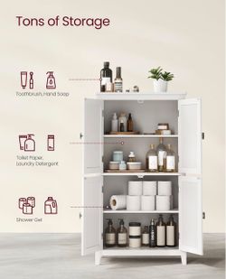 Bathroom Floor Storage Cabinet with 4 Doors, Cloud White Freestanding Bathroom Storage Unit, Adjustable Shelf, 23.6 x 11.8 x 43.3 Inches, HELAN Collec