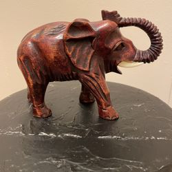 Vintage Hand Carved Dark Red Suar  Wood Wooden Elephant Trunk Up Figurine / Rare