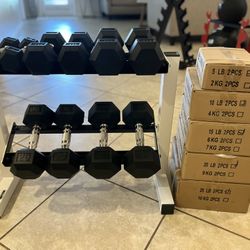 Set Dumbells with Rack ALL BRAND NEW IN BOX Set (5/10/15/20/25) 150 Lbs Rack capacity 450 Lbs