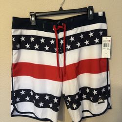 New With Tags  Quiksilver Swim Trunks Board Shorts 34 x 20 Stars Stripes American Flag Patriotic