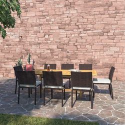 BRAND NEW FREE SHIPPING Extendable Rectangular Outdoor Furniture 9 Piece 100% FSC Certified Teak Wood With Wicker Dining Set