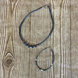 Black Hematite Stone Beaded Necklace And Bracelet Gold Tone Clasp 9” And 18”