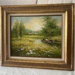 Vintage mid century Original Impressionist Oil Painting Country Landscape Wood Gold Frame 1970’s