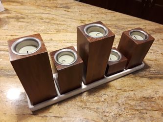 Stepped wood block candle holder piece in porcelain base