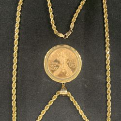 14k Gold Rope Chain With 50 Peso Centenario