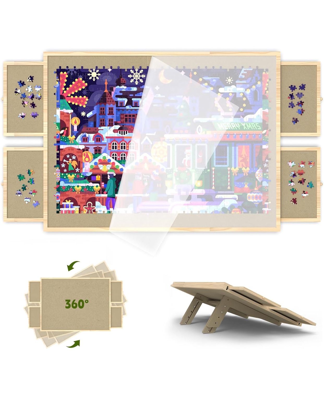 Jigsaw Puzzle Board 1500 Pieces, 2-in-1 Tilting and Rotating Puzzle Board with Drawers and Cover, Wooden Portable Puzzle Board for Adults, Board Game