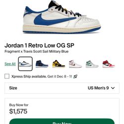 Jordan 1 Retro Low OG SP Fragment x Travis Scott Sail Military Blue Size 9