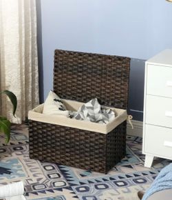 SONGMICS Storage Basket with Lid, Woven Blanket Storage Bin with Handles, Foldable, Removable Liner, Metal Frame, for Bedroom, Laundry Room, 17.2 Gall