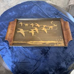 Vintage Wood & Metal (brass?) Tray Etched Ducks Wood Handles Felt Bottom