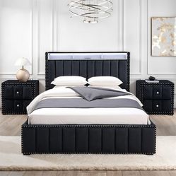 Queen Bed Platform Bed W/ Built-In LED Lights/mattress Included. 💢 Cama Queen Size Con Luz Led  / Colchon Incluido / Color Negra 
