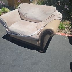 Bernhardt Italian Leather Love Seat / Chair Beige. Covered For Protection In Picture When It Was Outside For Garage Sale