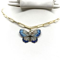 14K Gold Paper Clip Necklace and 10K Gold Butterfly Charm