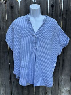 Nicole Miller Original Blouse Top Linen Blend Coastal Stripes