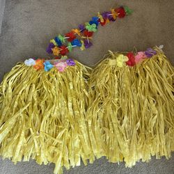 Two Toddler Hawaiian Hula Skirts And A Lei Costume
