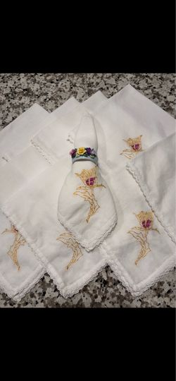 Antique French Embroidered Cotton Napkin Gold & Pink Floral Stitching Set of 9 .White linen napkin with intricate gold thread floral embroidery. Delic