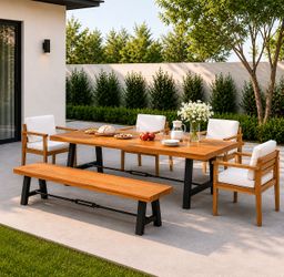 6-Pc Acacia Wood (Teak Finish) Outdoor Patio Dining Set:  78" Dining Table /  4 Chairs (w/ Beige Cushions) / Bench [NEW] <<Assembly Req>>