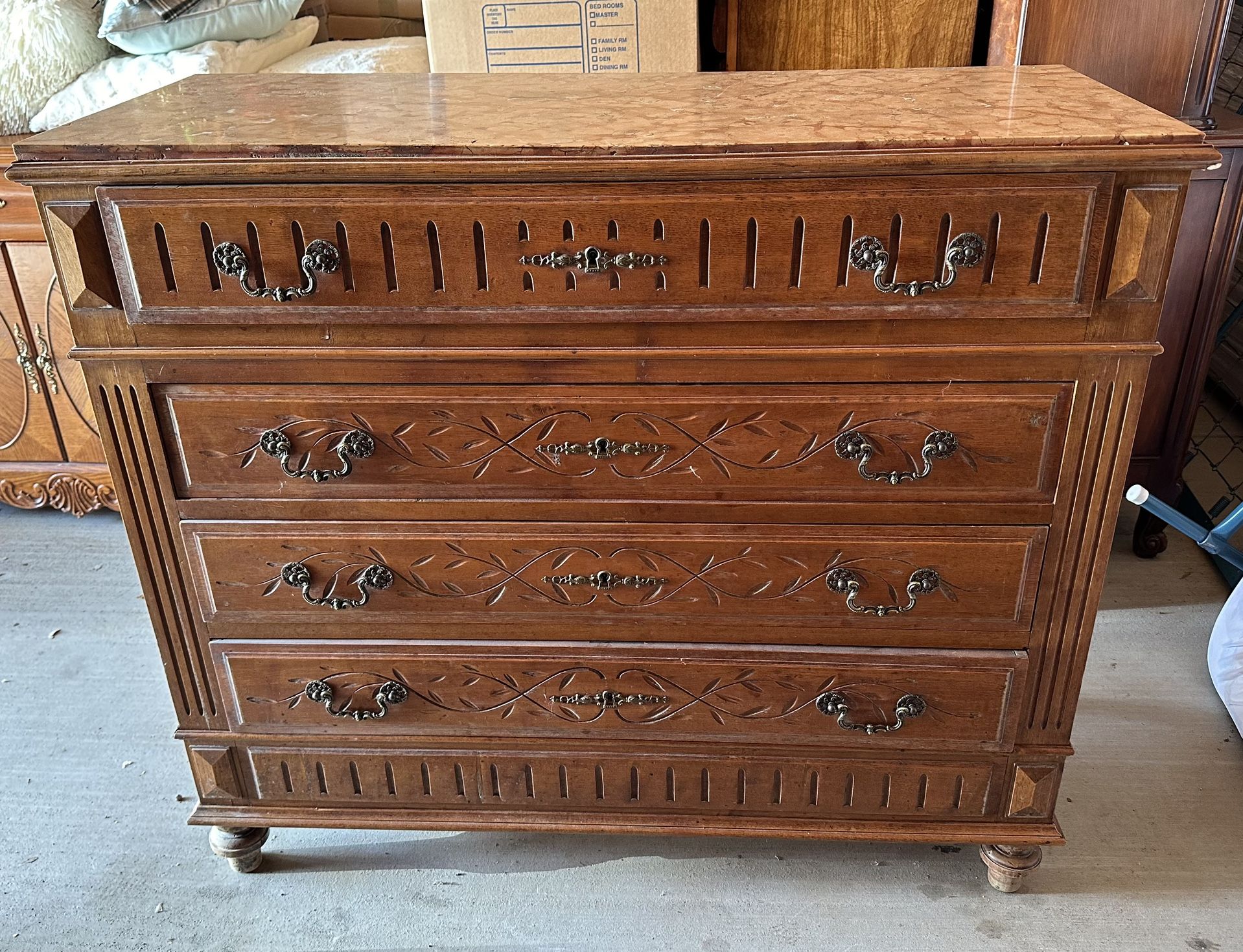 Tall Wood 4 Drawer Dresser w/ Stone Top 39”H