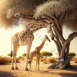 Beautiful mother and baby giraffe art picture canvas or poster