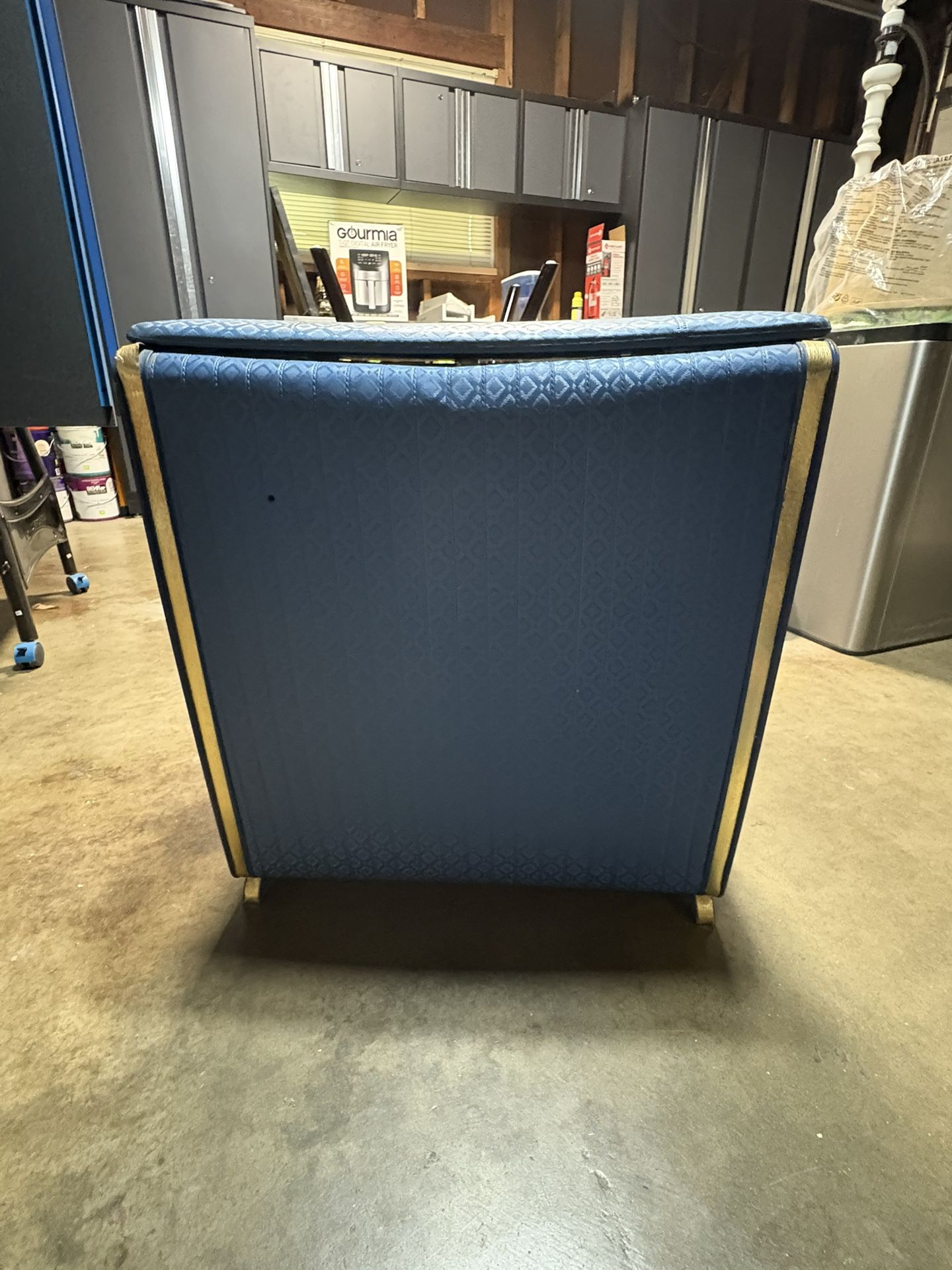 Vintage Blue Upholstered Hamper with Gold Trim- Storage