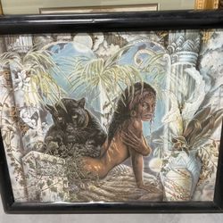 Beautiful Black Princess With Panther Lithograph On Canvas BY Jonnie KC  Chardonn 