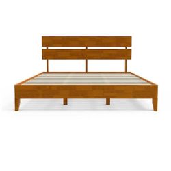 Brown Wood Frame King Platform Bed with Headboard