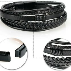  Men Jewelry Black Braided Leather Bracelet Multi-Layer Stainless Steel Cla