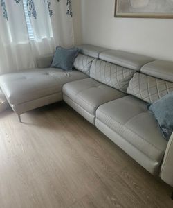 Gray Leather Sectional Sofa with Chaise