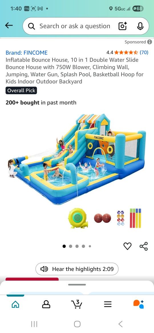FINCOME Inflatable Bounce House, 10 in 1 Double Water Slide Bounce House with 750W Blower, Climbing Wall, Jumping, Water Gun, Splash Pool, Basketball