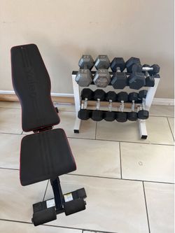 Dumbbells 5-35lbs weights 220lbs total plus stand and weight bench