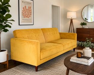 Modern Mustard Velvet Sofa – Mid Century Style – Excellent Condition