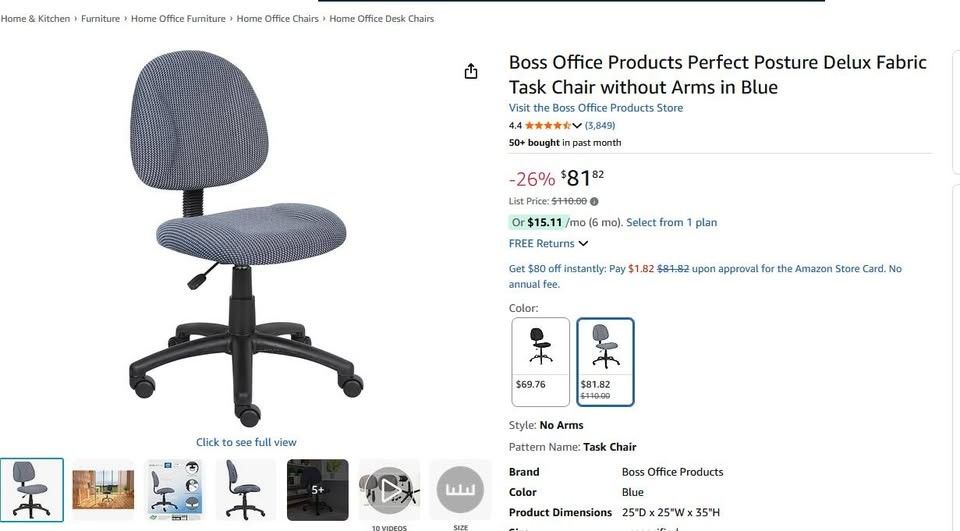 Selling For Best Offer, Adjustable Boss Black Upholstered Deluxe Posture Swivel Task Office Chair