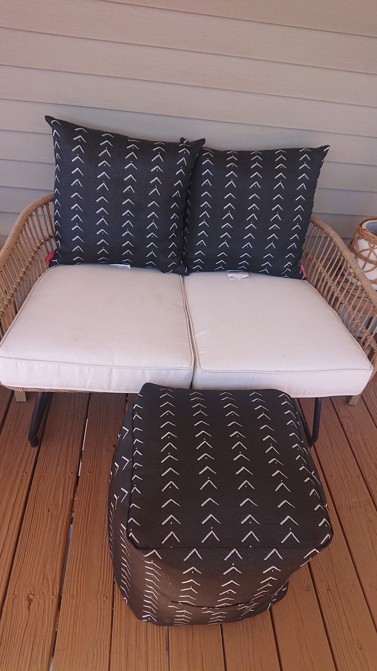 3pc. Set Outdoor pouf seat + 2 matching pillows patio decor modern mcm boho bohemian home decor BLACK ARROW PRINT