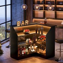 L-Shaped Bar Cabinet, 4-Tier Home Bar Table with Stemware Racks