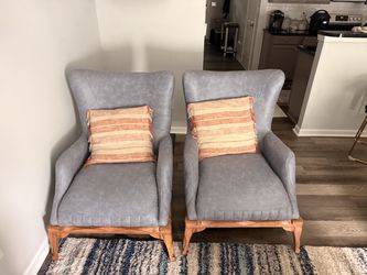 Set of 2 Blue/Grey Accent Chairs with Wood Bases – Modern Lounge Chairs