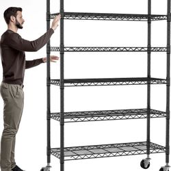 6-Tier Storage Shelves with Wheels Heavy Duty Metal Shelves Adjustable Steel 18"x48"x82", Black