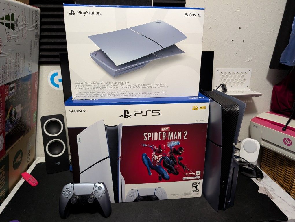 (TRADE FOR XBOX SERIES X) PS5 Slim Disc Edition W/ Sterling Silver Covers, Controller, 500GB EXTRA Storage, And Black Ops 6 Steelbook Edition