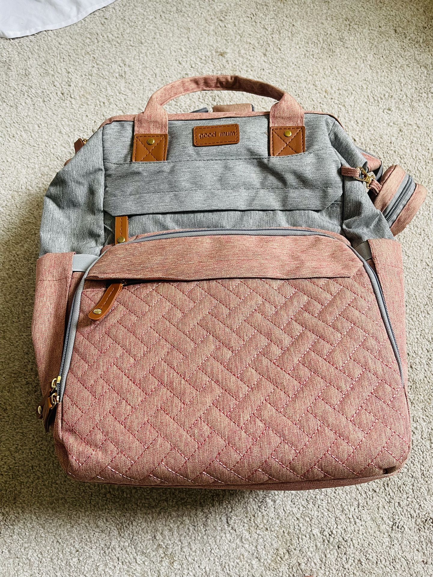 large diaper bag backpack，baby bag with changing station for Boys Girls，Multifunctional Diaper Bag，Mommy Bag With USB Charging Port（Pink Grey）