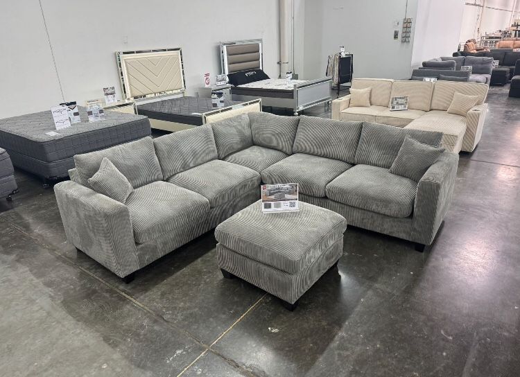 4-pc Sectional Sofa Couch With Ottoman Grey Corduroy Brand New