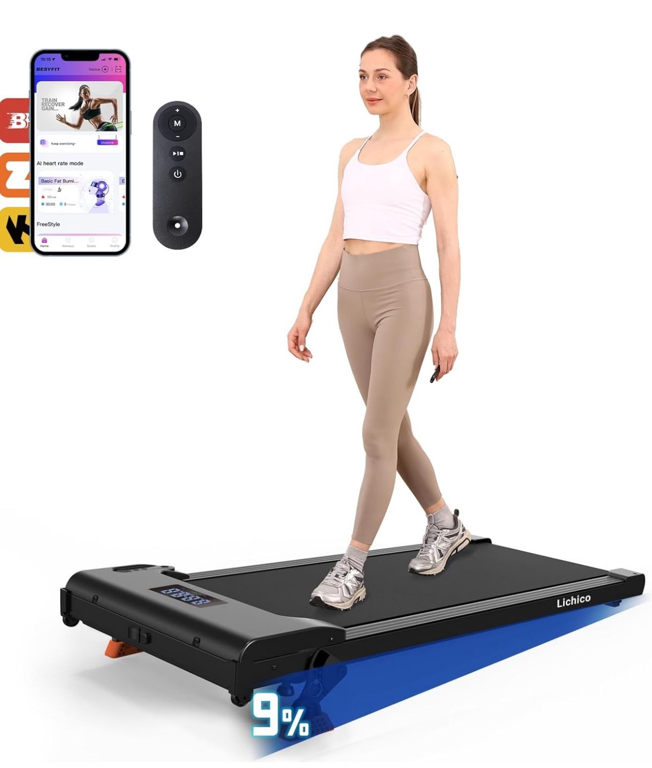 NEW Lichico Treadmill Walking Pad, 9% Incline, Speed 0.5-4 MPH, 265LB Weight Capacity. Retail price is $199.99.