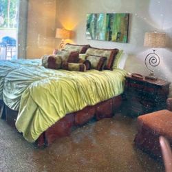 King Bed With Linens And custom Bed Skirt, Pillows And Shams
