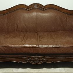 Large French Wood and Leather Sofa