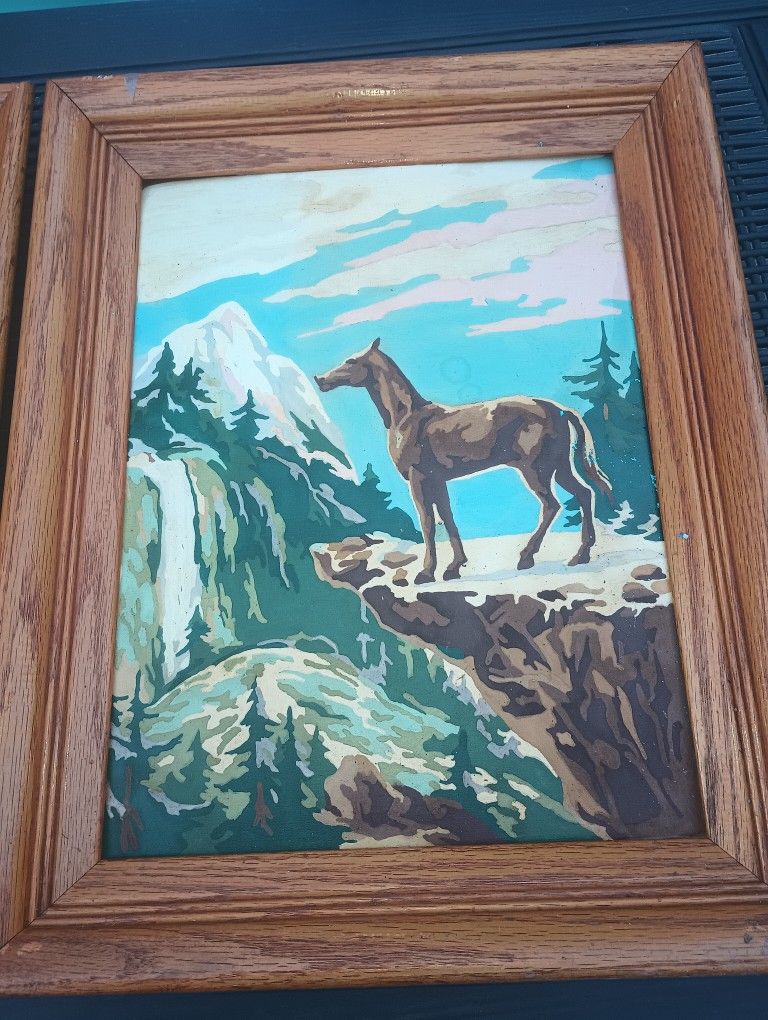 Vintage MCM Paint By Number Picture - Horse On Mountain